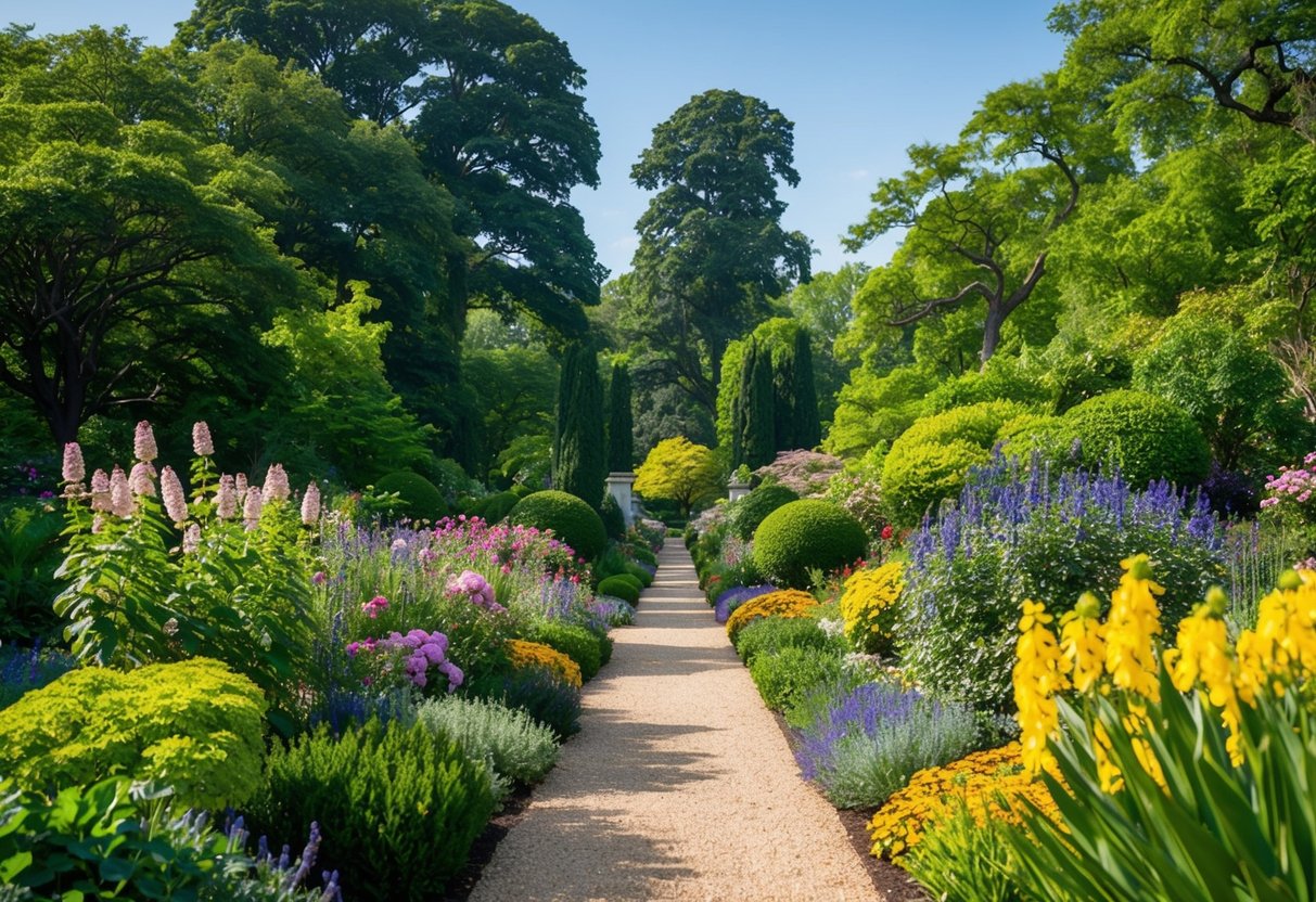 Lush garden path winds through vibrant blooms and towering trees at Brooklyn Botanic Garden