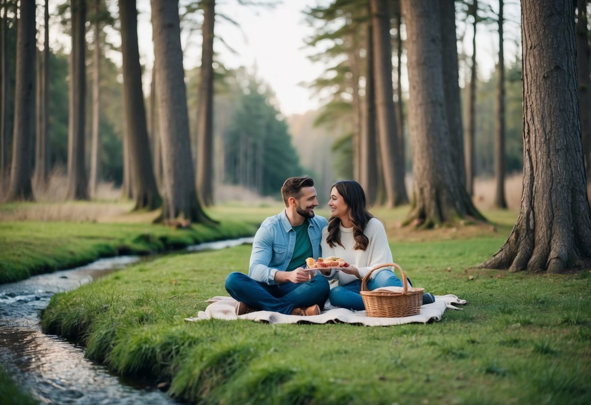 A couple picnicking in a serene forest clearing, surrounded by tall trees and a gentle stream, with a cozy blanket and a basket of food