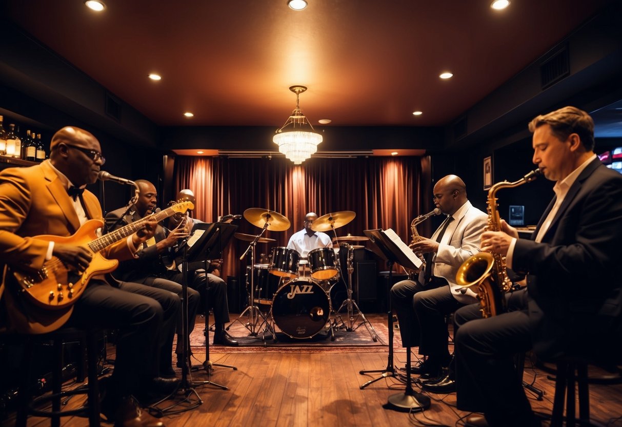 A dimly lit jazz club with a cozy, intimate atmosphere. The stage is bathed in warm light as musicians play soulful tunes