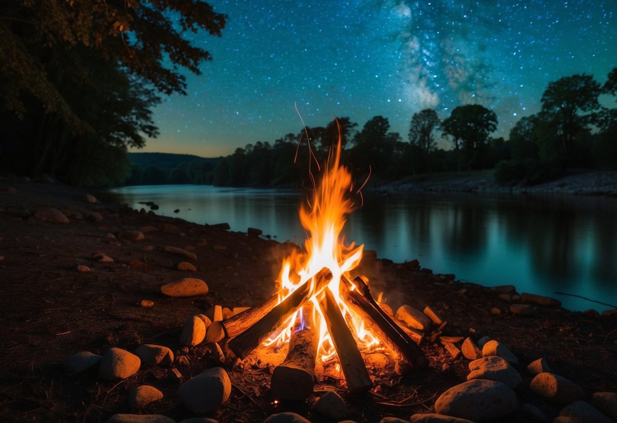 A cozy campfire burns by the riverside, surrounded by trees and the sounds of nature under the starry night sky