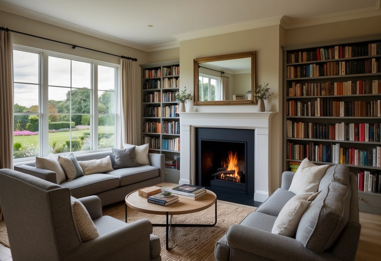 A cozy living room with a fireplace, surrounded by shelves of books and a large window overlooking a serene garden