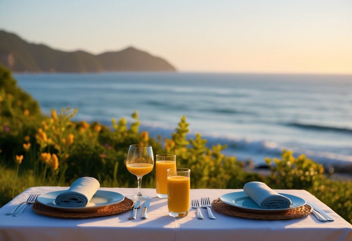 A cozy seaside breakfast picnic at sunrise, with a table set for two overlooking the ocean, surrounded by nature's beauty