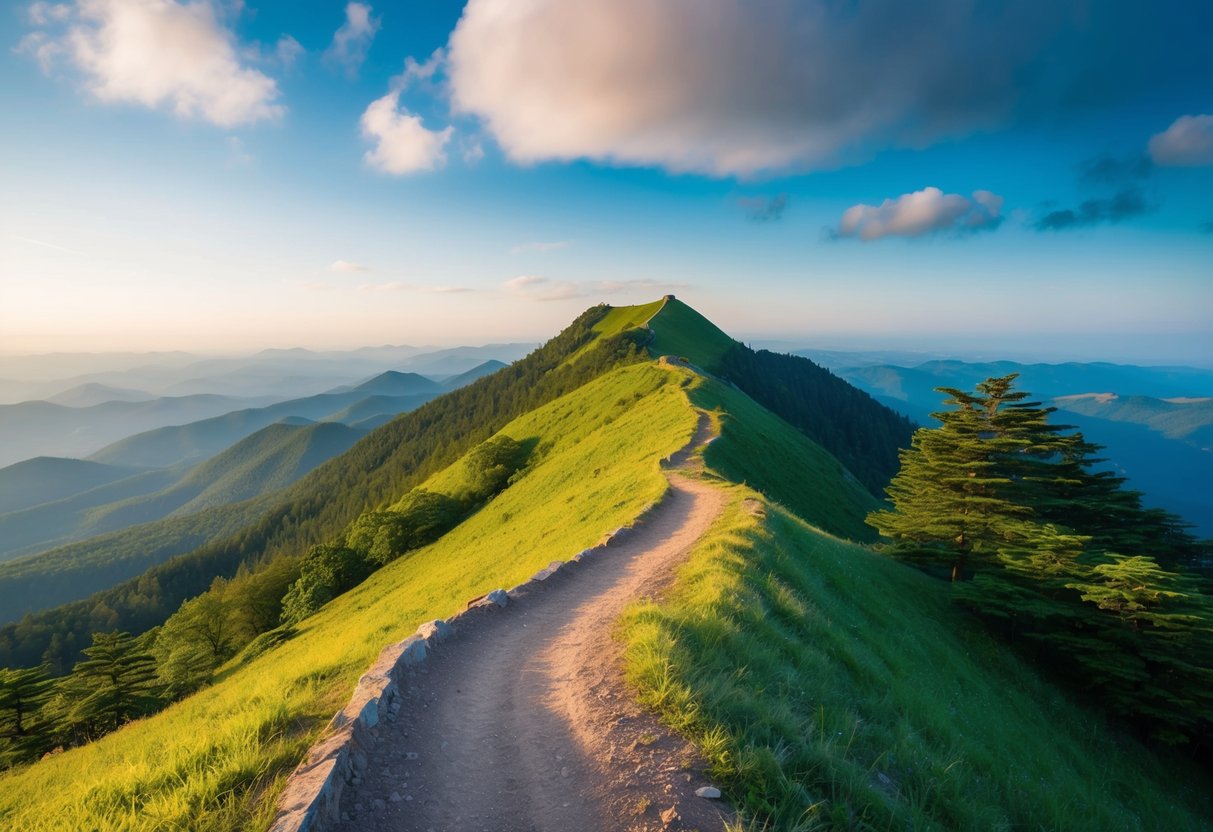 A serene mountain top with a winding trail and lush greenery, overlooking a breathtaking panoramic view of the surrounding natural landscape
