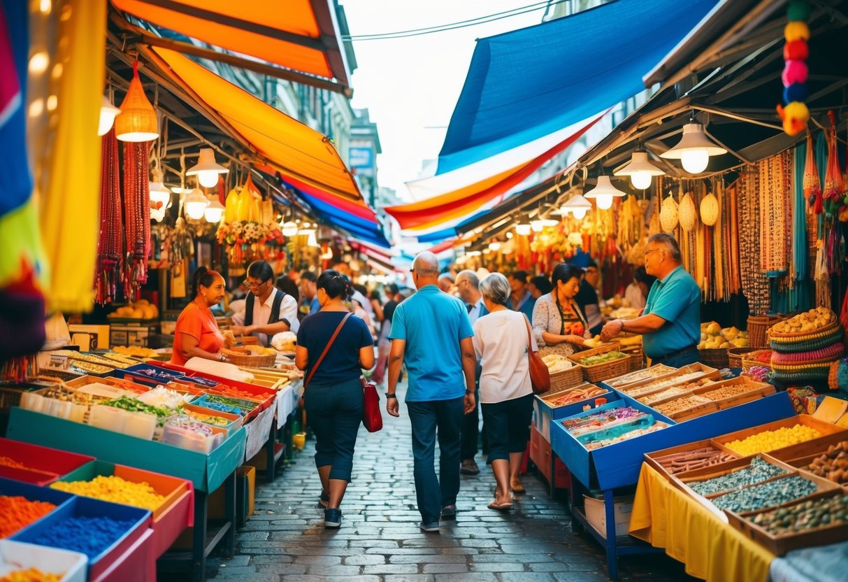 A bustling street market with colorful stalls, local artisans, and vibrant cultural displays