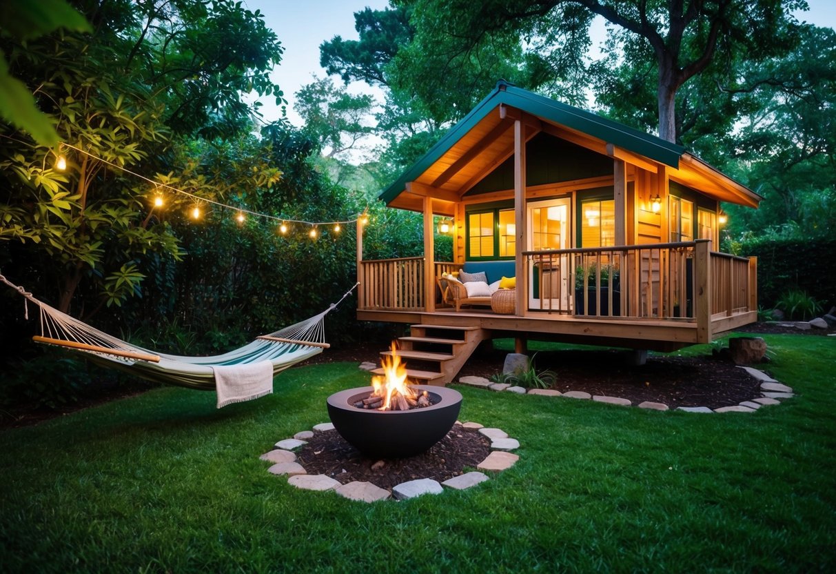 A cozy treehouse nestled in lush greenery, with a hammock swaying in the breeze and a small fire pit surrounded by fairy lights
