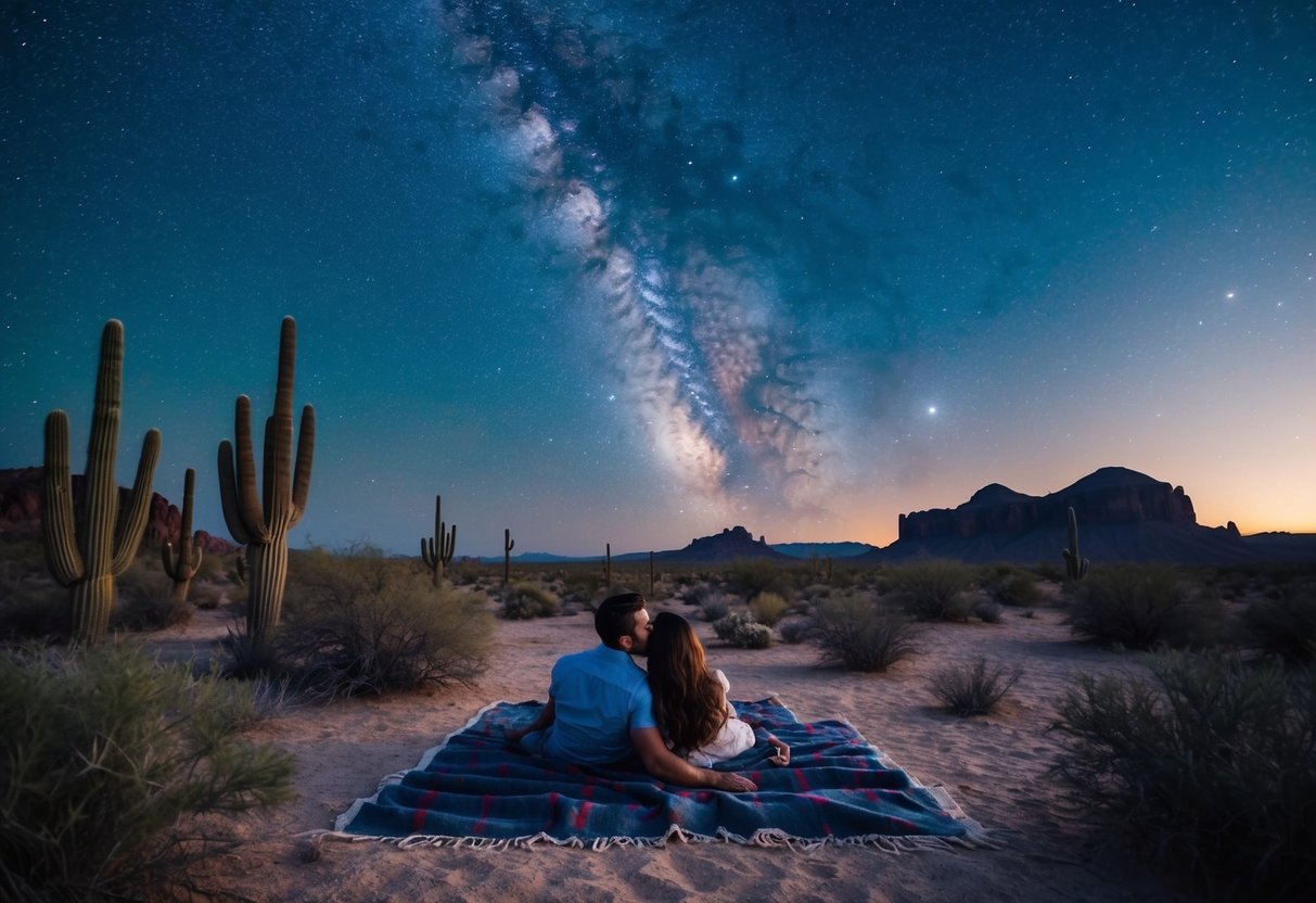A couple lies on a blanket under a vast desert sky, surrounded by cacti and rock formations. The stars shine brightly above, creating a romantic and serene atmosphere for stargazing