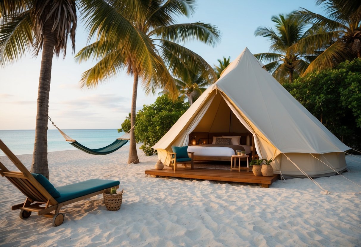 A cozy glamping tent nestled among palm trees on a secluded island beach, with a hammock and outdoor seating area
