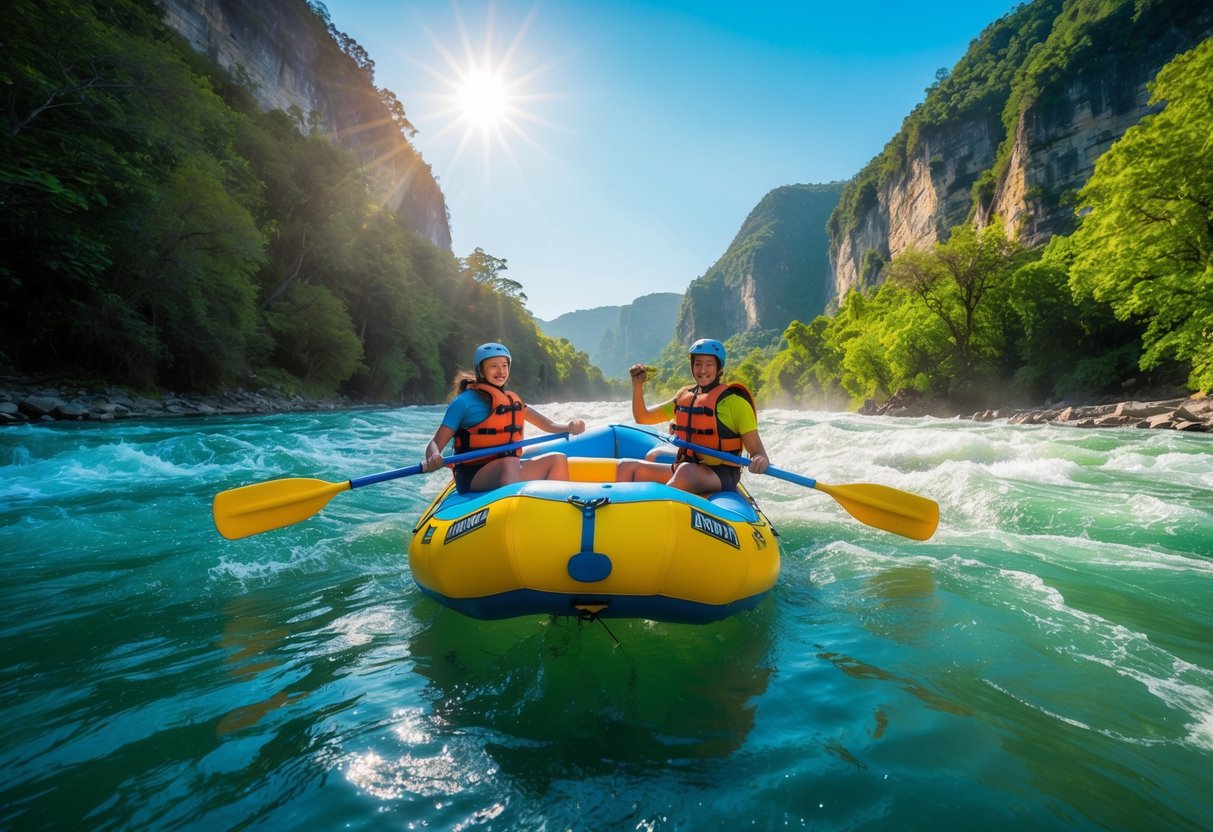 A colorful raft navigates a rushing river, surrounded by lush greenery and towering cliffs. The sun shines down on the sparkling water, creating a serene and adventurous atmosphere