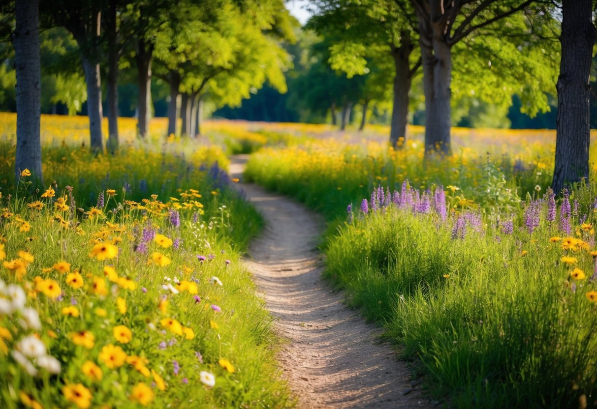 A winding trail through a meadow of colorful wildflowers, flanked by tall trees and dappled sunlight