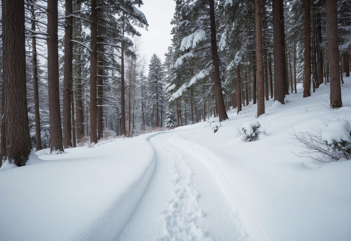 A snowy hiking trail winds through a peaceful winter forest, with tall trees and a blanket of white snow covering the ground