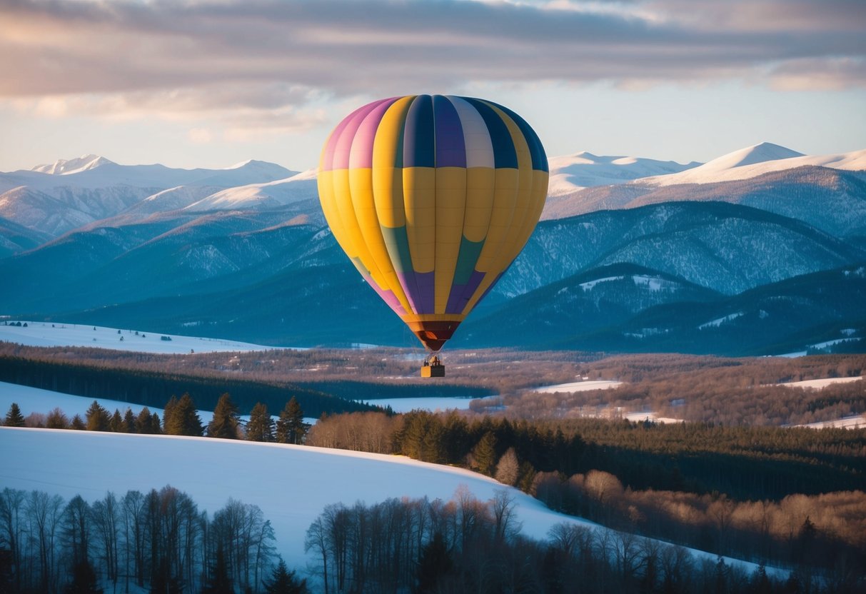 A colorful hot air balloon floats above a serene, snowy landscape, with mountains and forests stretching into the distance