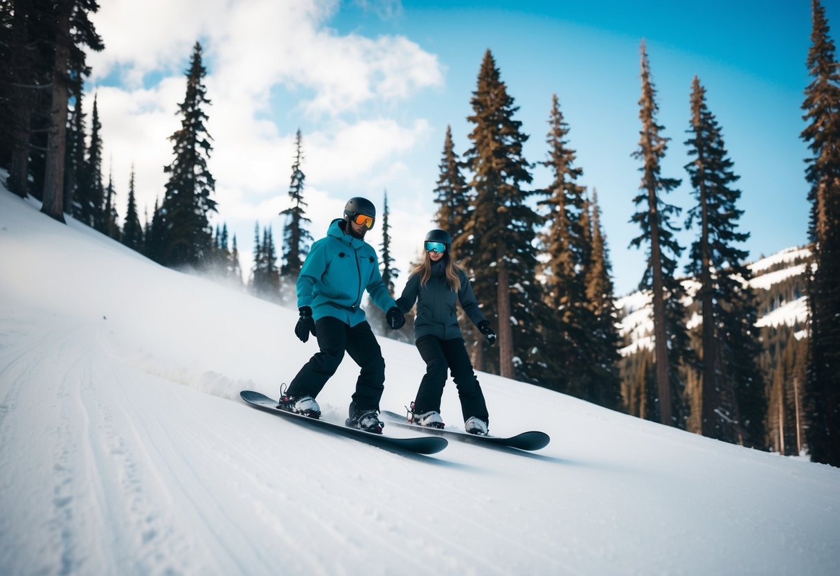 A couple snowboards down a snowy slope, surrounded by towering pine trees and a clear blue sky