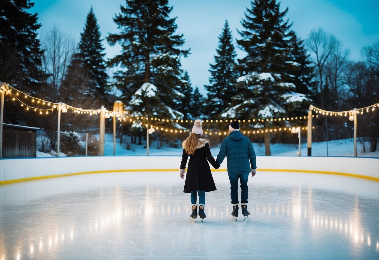 A couple glides across a picturesque outdoor ice rink surrounded by snow-covered trees and twinkling lights