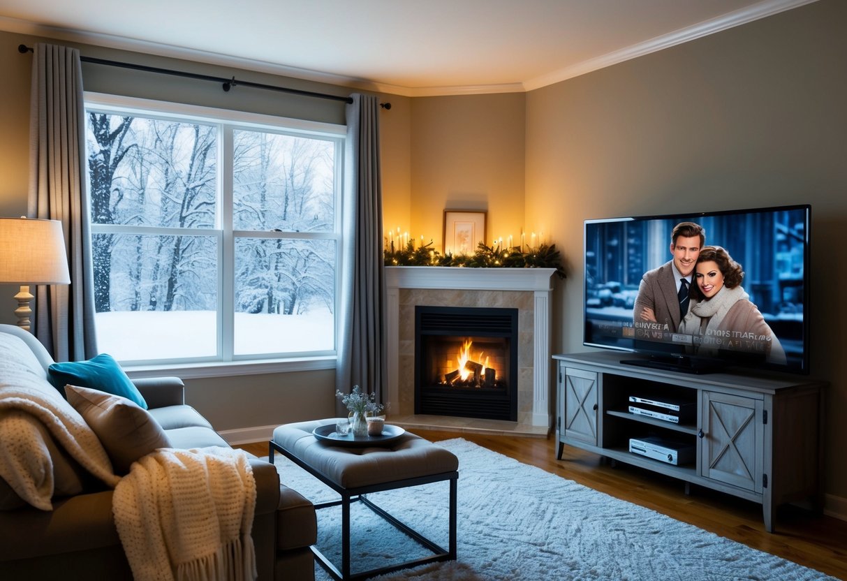 A warm and inviting living room with a crackling fireplace, soft blankets, and a big screen TV showing a classic movie. Outside, snow falls gently, creating a peaceful winter wonderland
