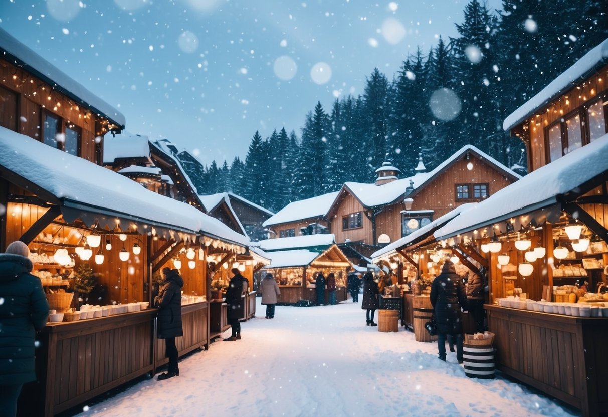 A cozy winter market with twinkling lights, wooden stalls, and steaming cups of hot cocoa. Snowflakes drift gently from the sky, creating a magical atmosphere