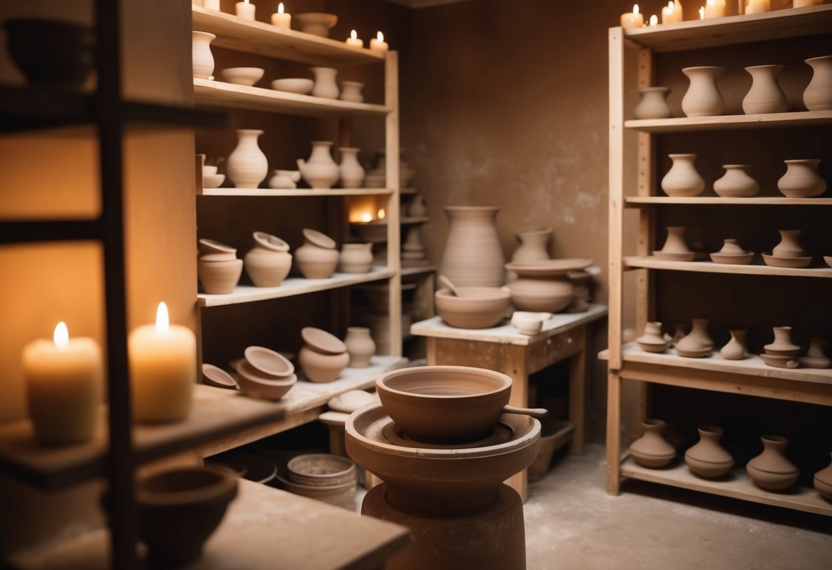 A cozy, dimly lit pottery studio with a potter's wheel and shelves of clay sculptures, surrounded by warm, earthy tones and the soft glow of candlelight