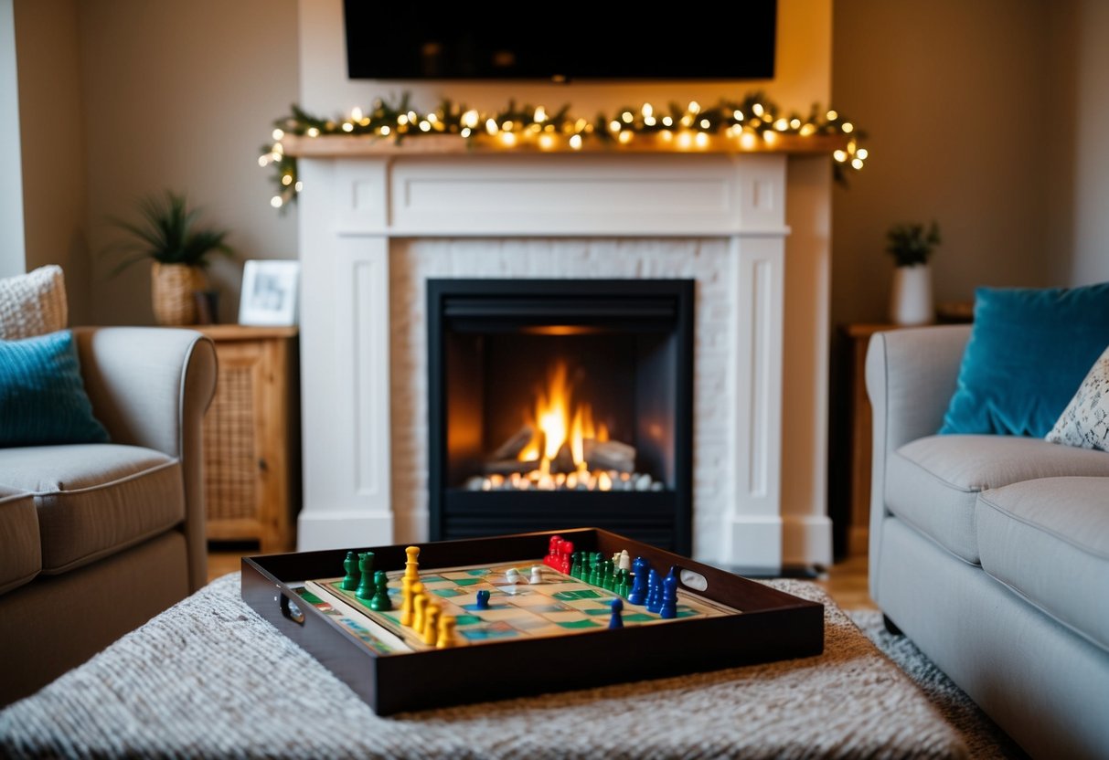 A cozy living room with a crackling fireplace, soft lighting, and a board game set up on a coffee table
