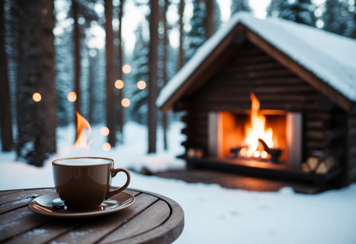 A cozy cabin nestled in a snowy forest, with a warm fire crackling in the fireplace and a hot cup of cocoa on the table