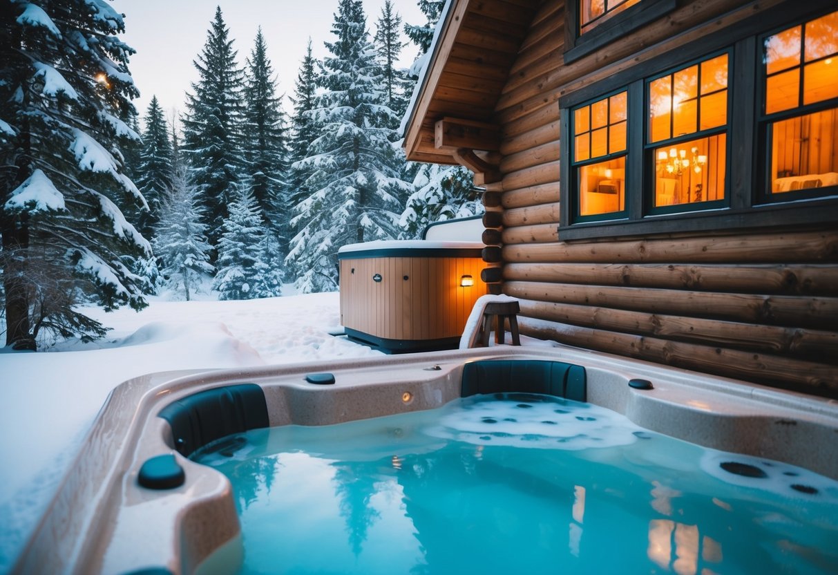 A cozy winter spa with a hot tub surrounded by snow-covered trees and a rustic cabin with a warm glow from the windows