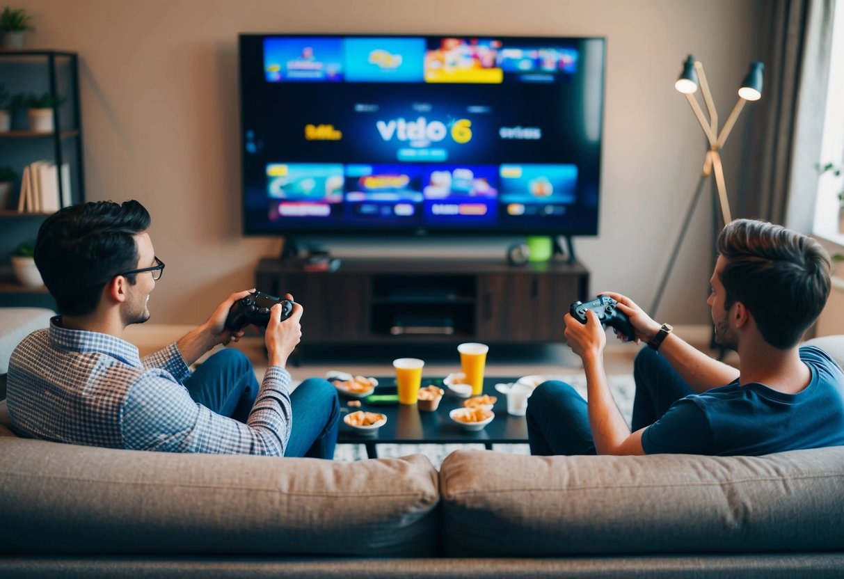 Two people sit on a couch, playing video games together on a large TV screen in a cozy living room. Snacks and drinks are scattered on the coffee table
