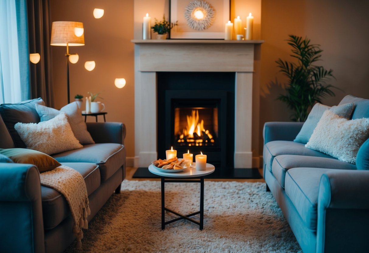 A cozy living room with a crackling fireplace, plush couches, and a small table set with candles and snacks