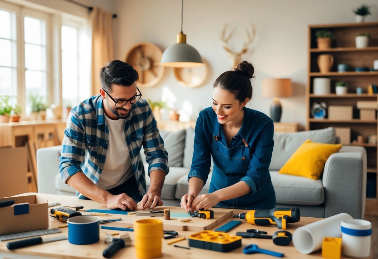 A cozy living room with a couple working on DIY home projects together, surrounded by tools, materials, and a warm atmosphere