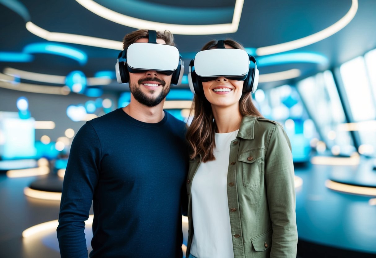 A couple wearing VR headsets, surrounded by futuristic indoor landscapes and virtual worlds