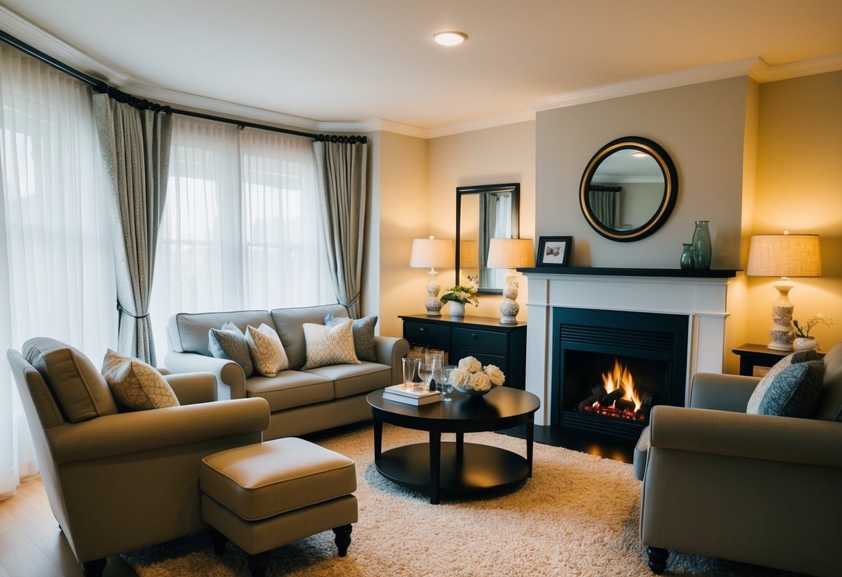 A cozy living room with soft lighting, a crackling fireplace, and comfortable seating arranged for intimate conversation