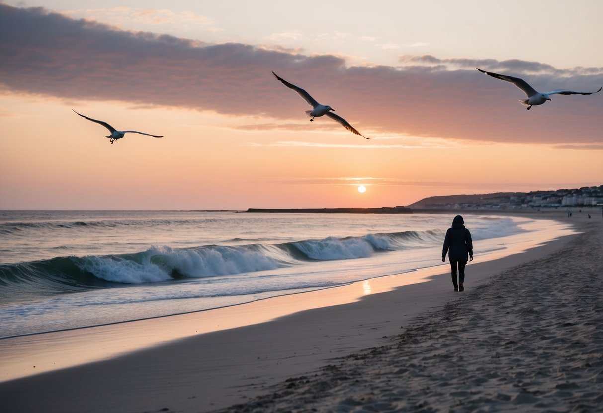 A peaceful sunset walk along the sandy shores of Ayr Beach, with waves gently crashing and seagulls soaring overhead