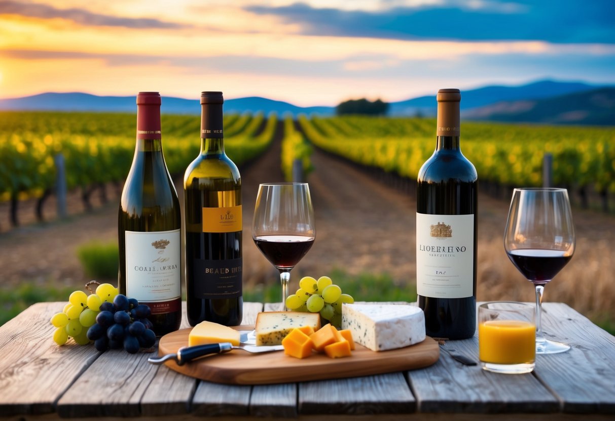 A rustic wooden table with various wine bottles, glasses, and a cheese platter set against a backdrop of rolling vineyards and a sunset sky