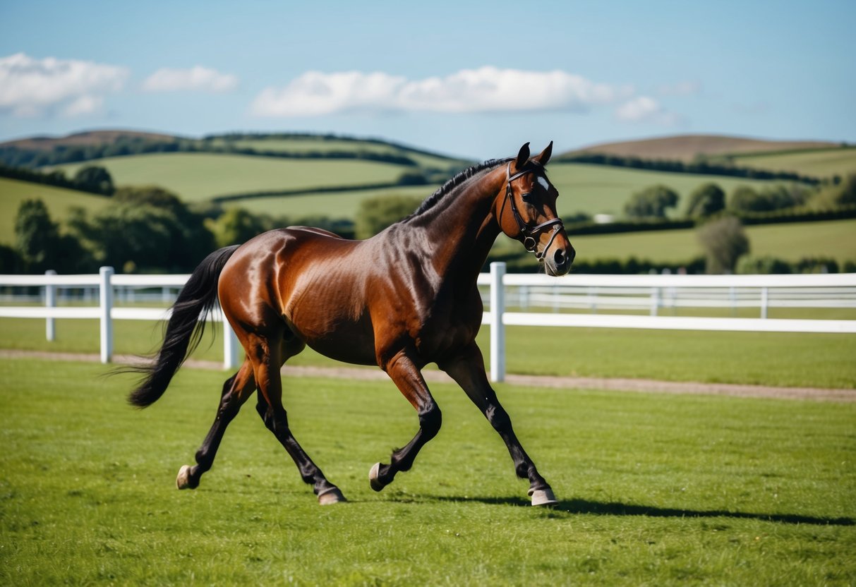 A horse trots through a lush, green field at Ayr Equitation Centre, with a backdrop of rolling hills and a clear blue sky