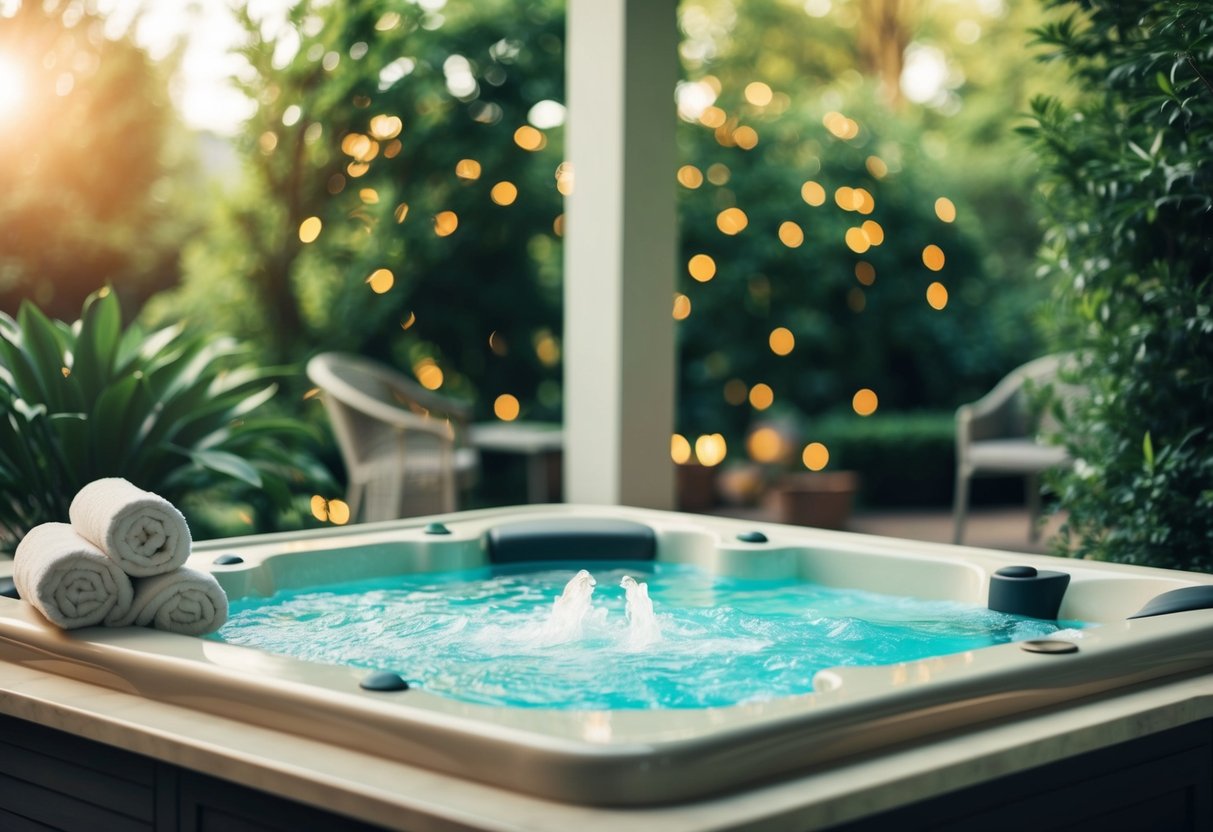 A serene spa with soft lighting, plush robes, and a bubbling hot tub surrounded by lush greenery