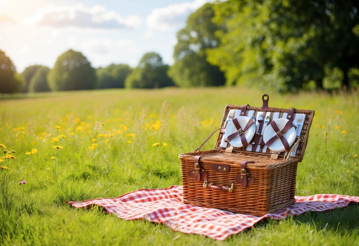 A sunny meadow in Eglinton Country Park, with a checkered blanket spread out and a wicker picnic basket filled with goodies