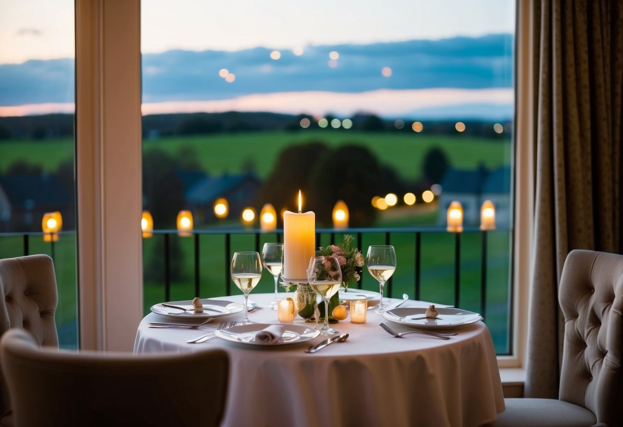 A romantic dinner setting at the Chestnuts Hotel, with a table set for two, soft candlelight, and a view of the Ayrshire countryside