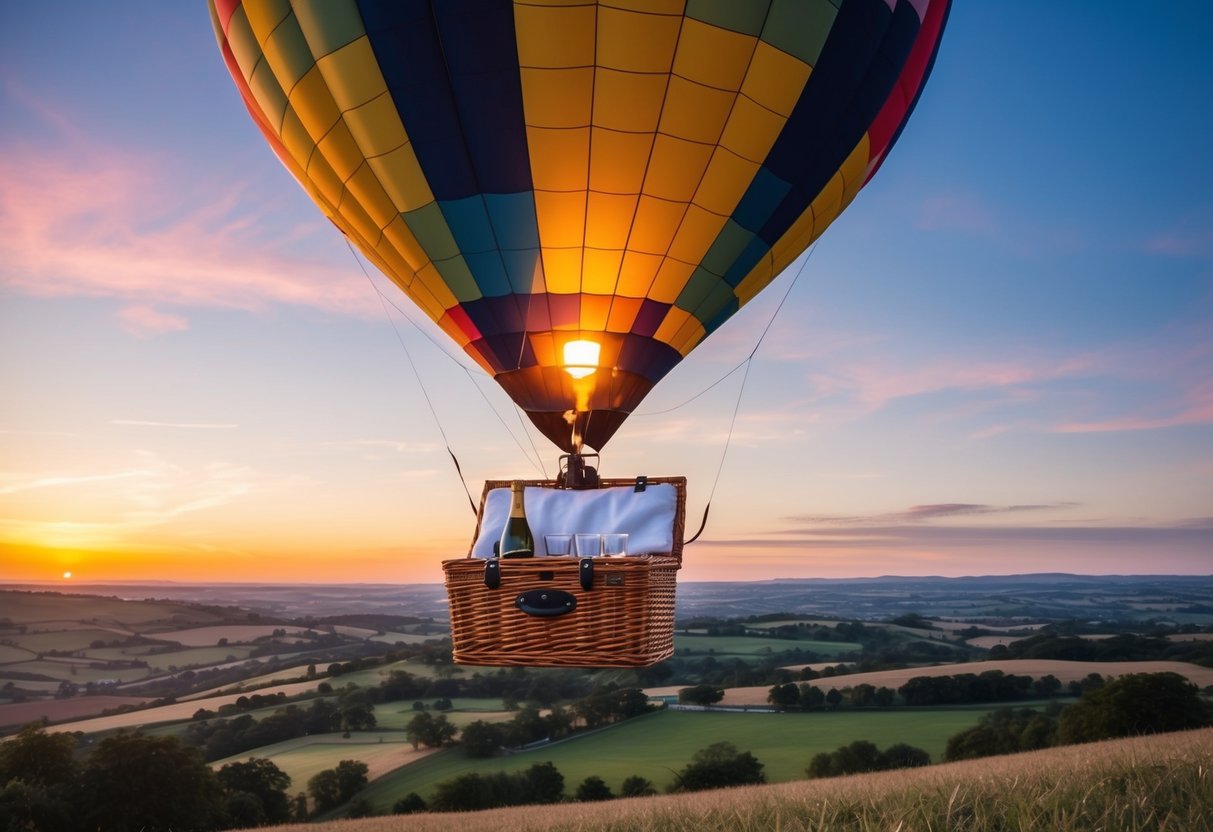 A colorful hot air balloon floats above a picturesque landscape at sunset, with a picnic basket and champagne chilling in the basket