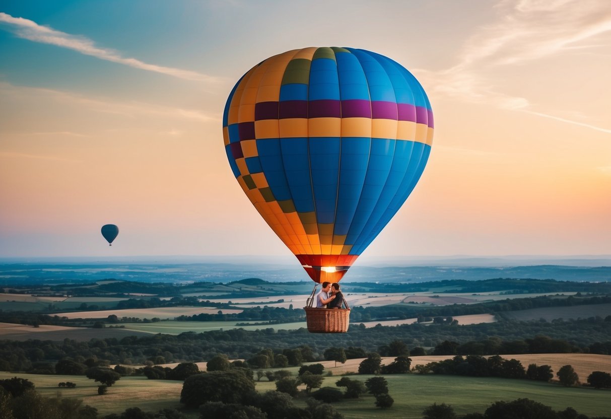 A colorful hot air balloon floats above a scenic landscape, with a couple embracing and smiling in the basket