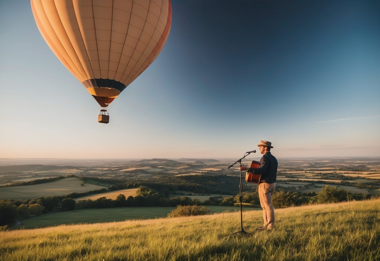 A hot air balloon drifts over a picturesque landscape, as a musician plays acoustic music, creating a romantic atmosphere for a date