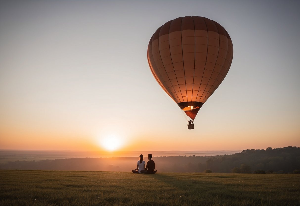 A hot air balloon drifts peacefully over a serene landscape, with a couple meditating together in the basket. The sun sets in the distance, casting a warm glow over the scene