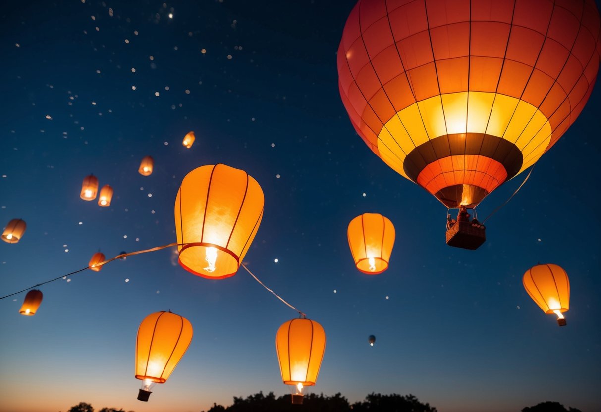 Sky lanterns and a hot air balloon float in the night sky