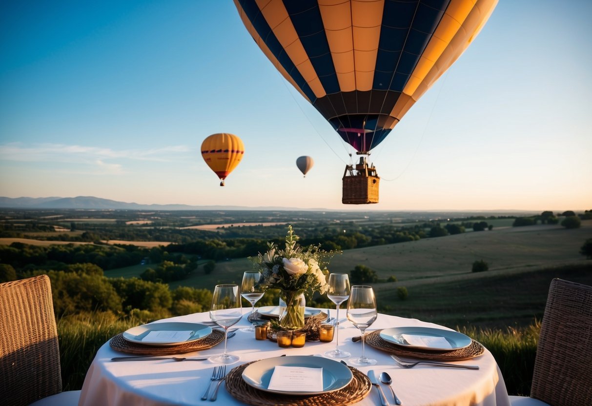 A hot air balloon floats over a scenic landscape, with a table set for a gourmet meal, complete with elegant tableware and a tailored menu