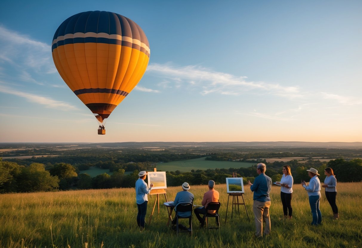 A hot air balloon floats above a scenic landscape as an art class takes place in the open air