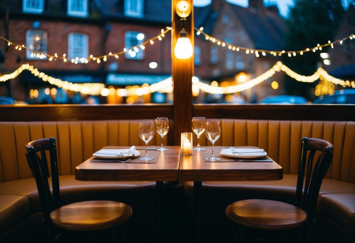 A cozy cafe in Aylesbury with two tables set for a romantic date, surrounded by twinkling fairy lights and a warm, inviting atmosphere
