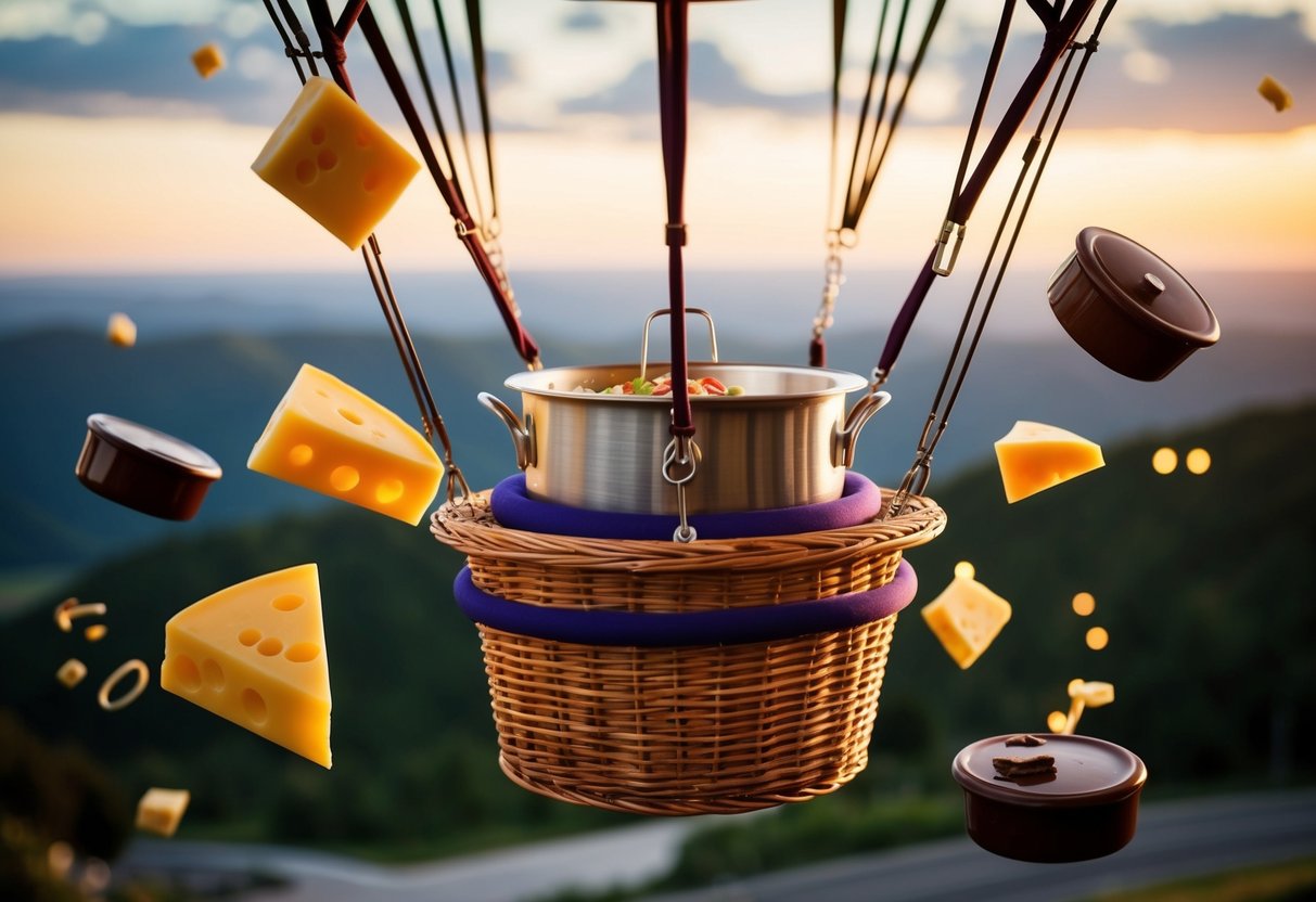 A hot air balloon basket with a fondue pot, surrounded by floating cheese and chocolate fondue ingredients, with a scenic view below