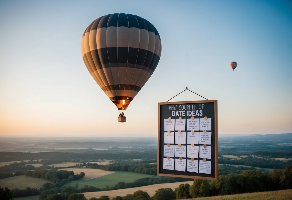 A hot air balloon drifts over a scenic landscape, with a couple's vision board of date ideas displayed on the side