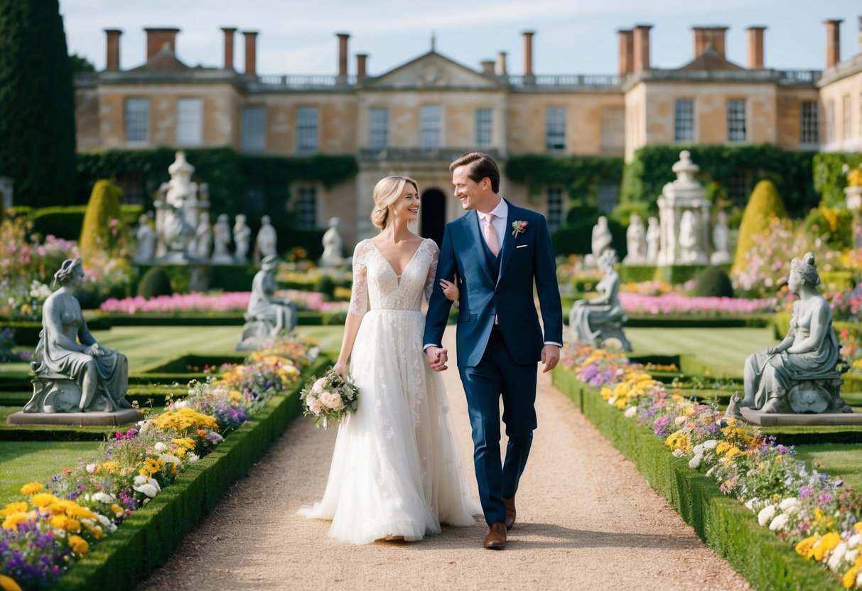 A couple strolling through the elaborate gardens of Waddesdon Manor, surrounded by vibrant flowers and intricate sculptures