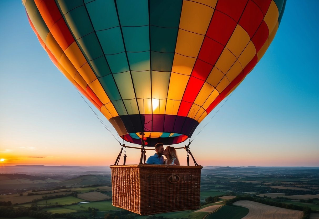 A colorful hot air balloon floating above a picturesque landscape at sunset, with a couple enjoying a romantic date inside the basket
