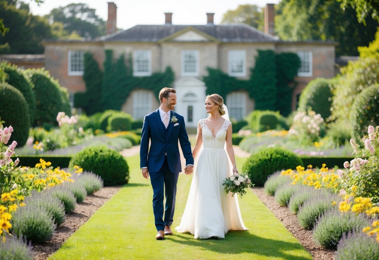 A couple walks through the gardens of Hartwell House, surrounded by lush greenery and blooming flowers. A peaceful, romantic atmosphere fills the air