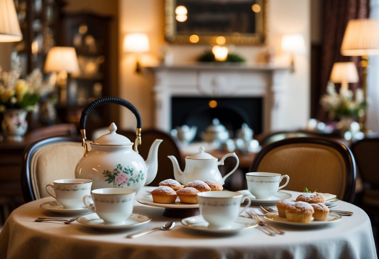 A cozy table set with a teapot, cups, and pastries, surrounded by vintage decor and soft lighting at The Broad Leys