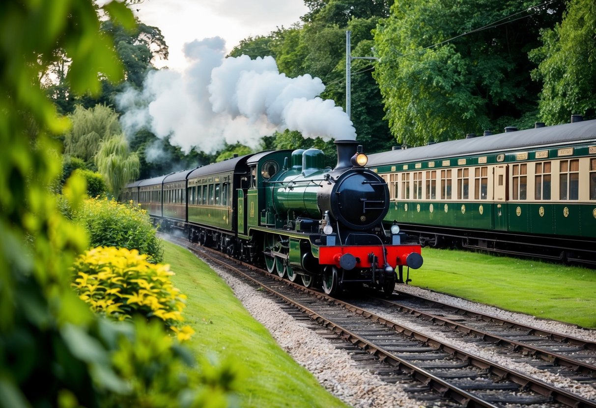 A vintage steam train chugs through the picturesque Buckinghamshire Railway Centre, surrounded by lush greenery and historic train carriages