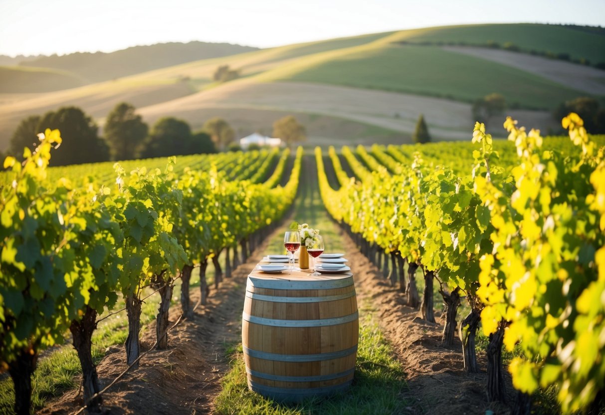 A sunlit vineyard with rows of grapevines, a rustic tasting table, and rolling hills in the background